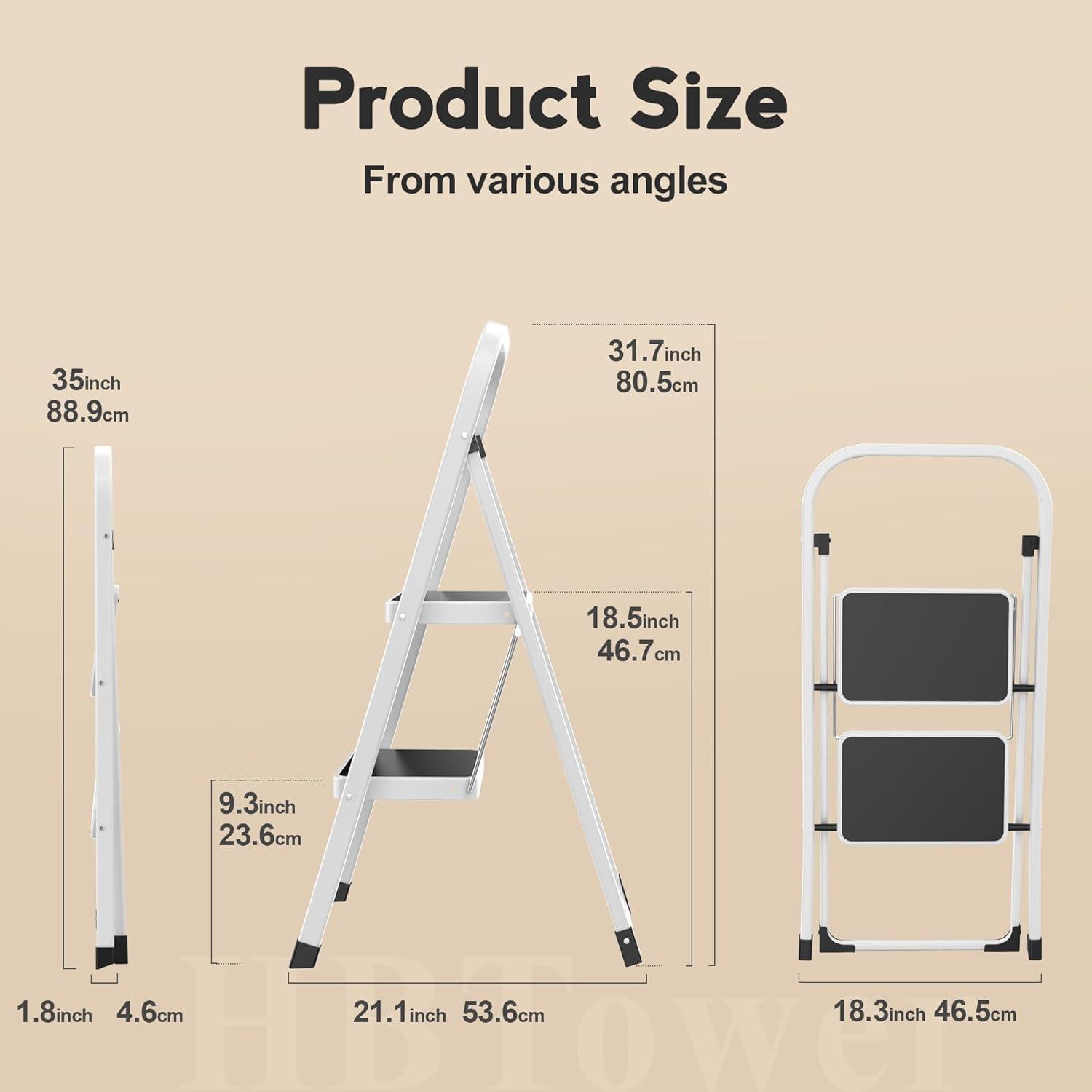 White 2-Step Foldable Steel Ladder with Anti-Slip Pedals