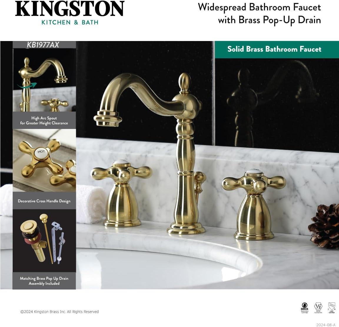 Kingston Brass Heritage Two-Handle 3-Hole Deck Mount Widespread Bathroom Faucet with Pop-Up Drain