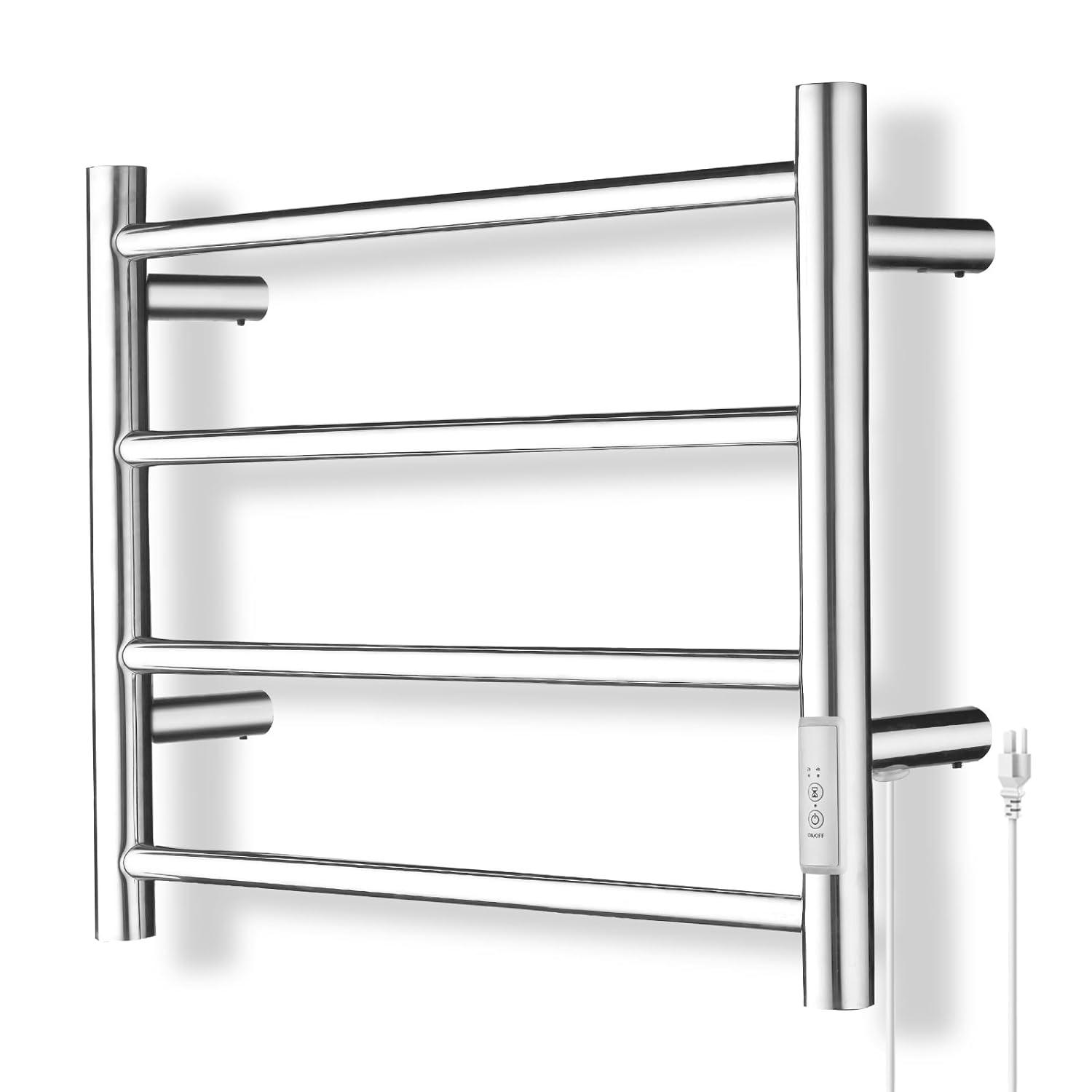VEVOR 4 Bars Towel Warmer Rack, Wall Mounted Heated Towel Rack for Bathroom, IPX5 Waterpoof Towel Heater Rack with Timer & LED Display Screen, 5 Levels Adjustable Temperature Towel Heater, Silver