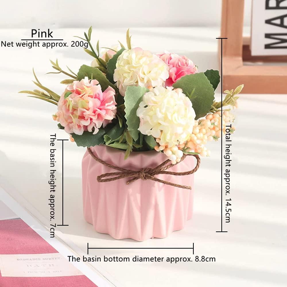 Artificial potted flowers, small ceramic vases fake flower plants for home and office interior tabletop decoration, artificial flower hydrangeas - Pink