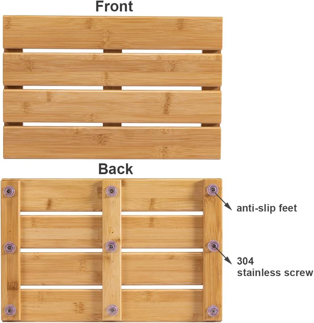 Bamboo Shower Bath Mat for Bathroom, Non-Slip Bamboo Wood Bathroom Mats for Inside or Outside (19.7 x 12.2 inches)