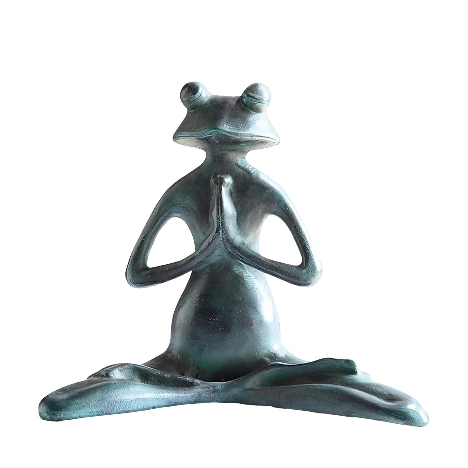 Meditating Yoga Frog Verdigris Green Metal Garden Sculpture