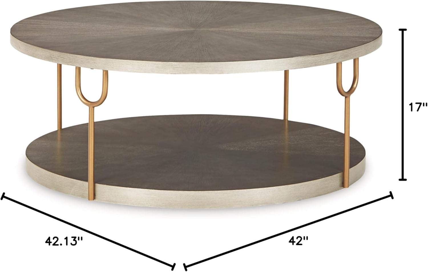 Round Beige and Gold Wood Metal Coffee Table