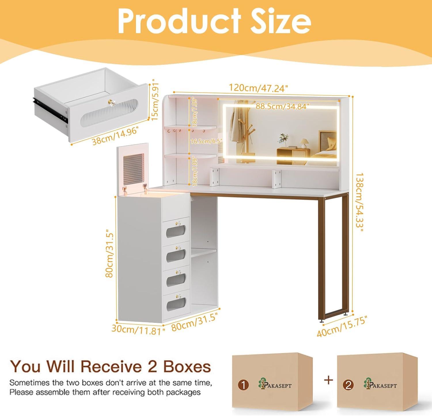 PAKASEPT Vanity Set with Lighted Mirror, Vanity Desk Makeup Vanity with 3-Color Adjustable Touch Light, 5 Drawers, Storage Shelves,Large Bedroom Vanitys for Women Girls