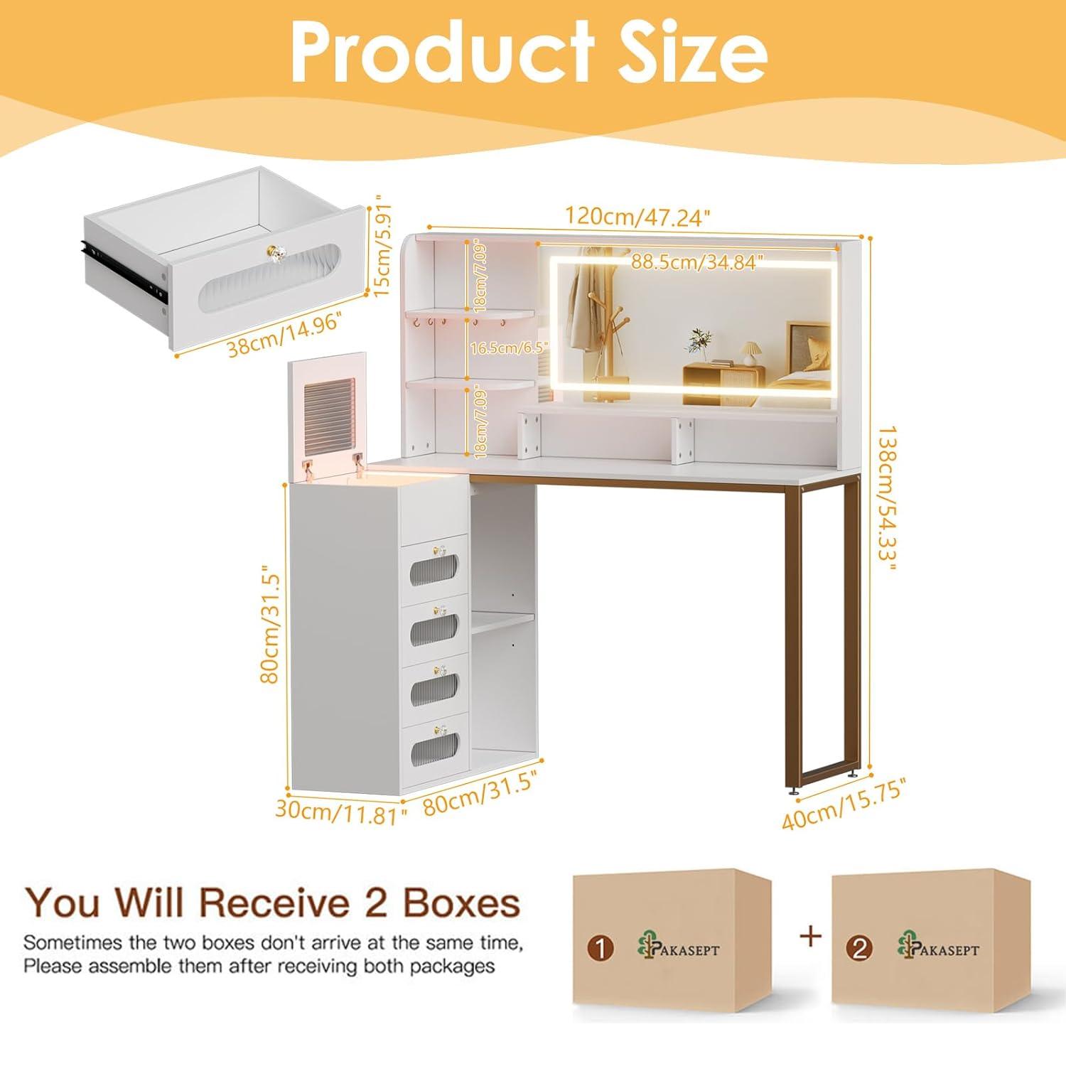 PAKASEPT Vanity Set with Lighted Mirror, Vanity Desk Makeup Vanity with 3-Color Adjustable Touch Light, 5 Drawers, Storage Shelves,Large Bedroom Vanitys for Women Girls