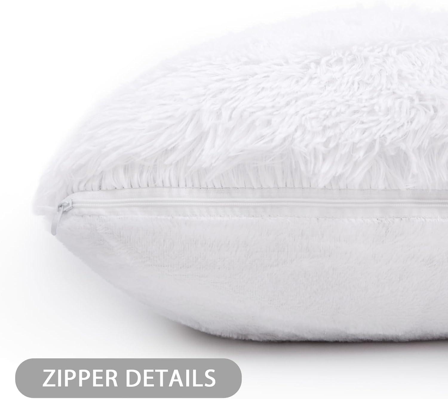 Fluffy White Faux Fur Pillow Covers   Set of 2, Cozy and Soft, 18x18 Inch, Invisible Zipper