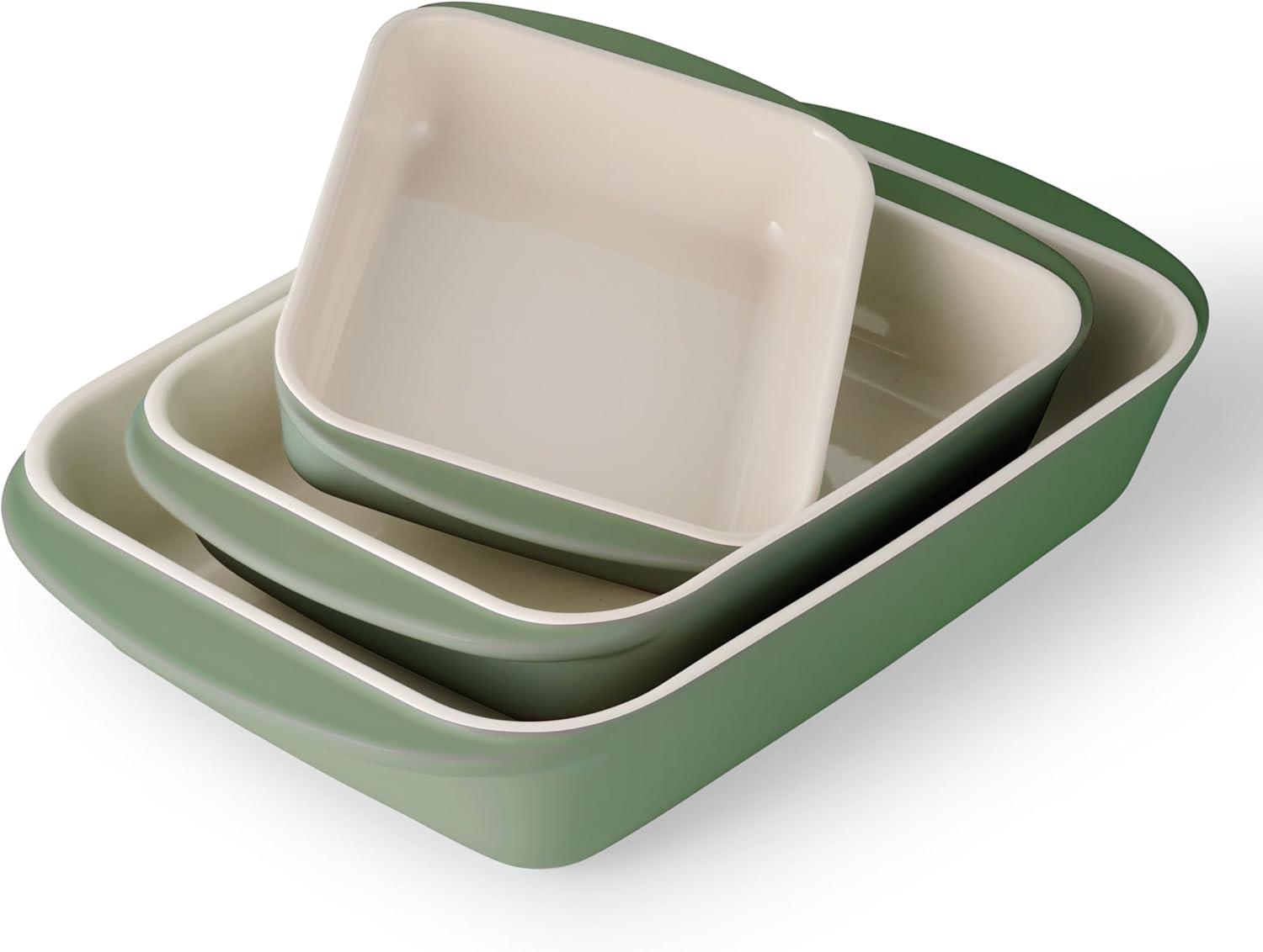 Tramontina Mae 3-Piece Ceramic Porcelain Baking Pans Set, Cactus, Non Stick Casserole Dishes for Oven, Rectangular Bakeware for Lasagna, Cakes and Loafs