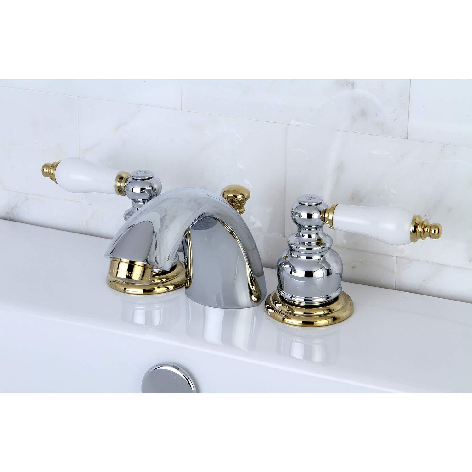 Kingston Brass Victorian Two-Handle 3-Hole Deck Mount Mini-Widespread Bathroom Faucet with Plastic Pop-Up