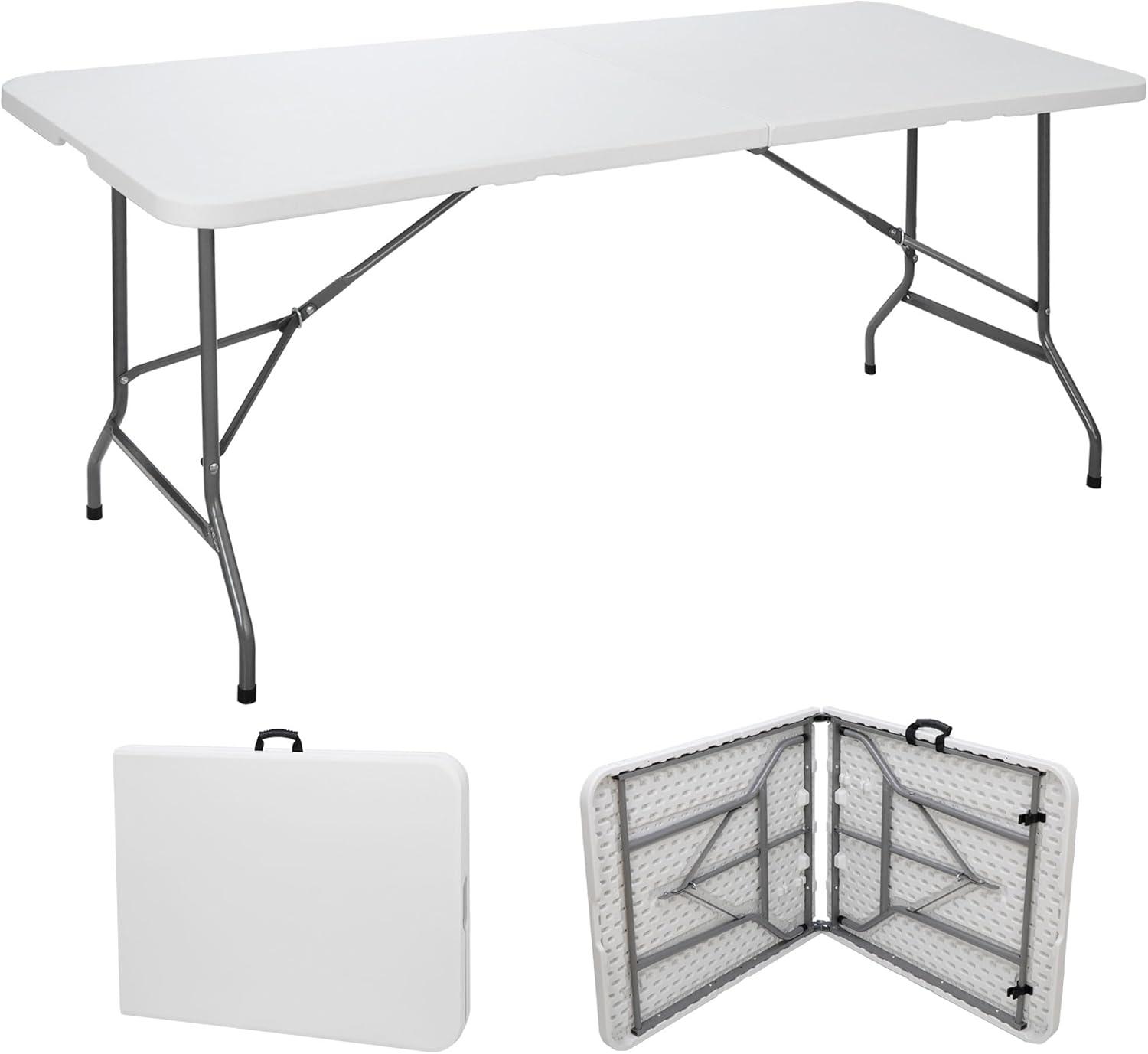 Outdoor Folding Table 6 ft, Portable Outdoor Picnic Table for Camping, Party and Wedding, with Handle and Lock - White