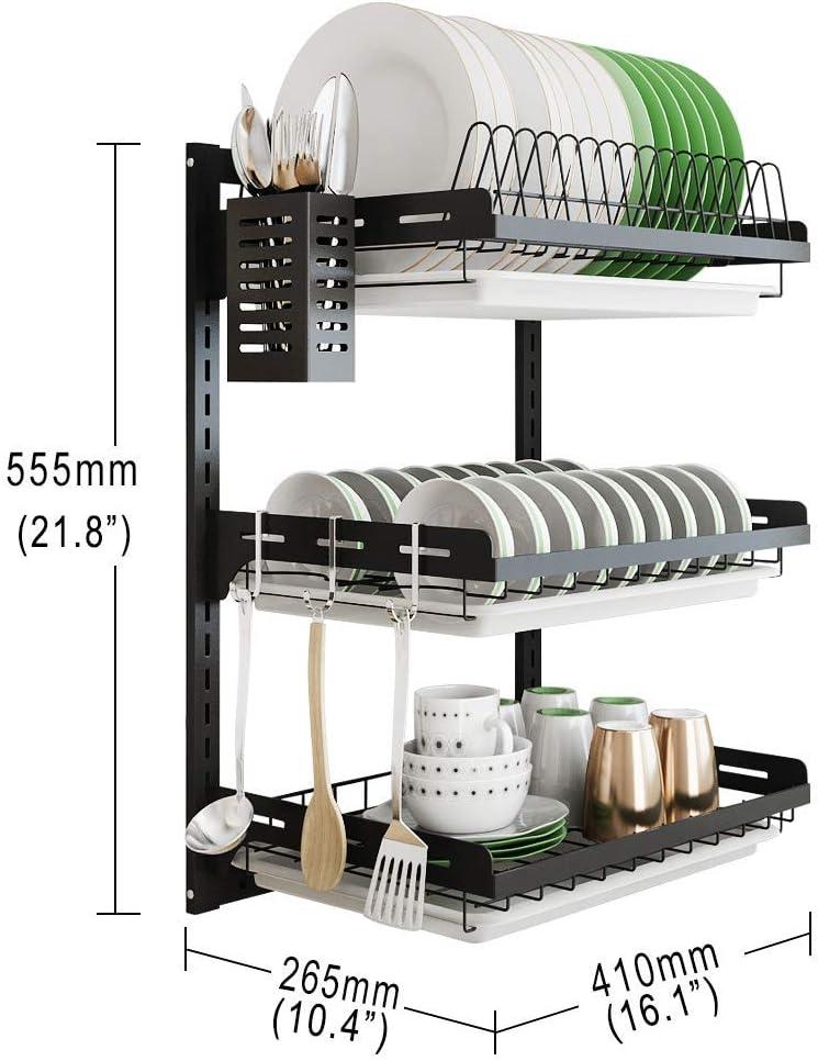 3 Tier Black Stainless Steel Dish Drying Rack Fruit Vegetable Storage Basket with Drainboard and Hanging Chopsticks Cage Knife Holder Wall Mounted Kitchen Supplies Shelf Utensils Organizer