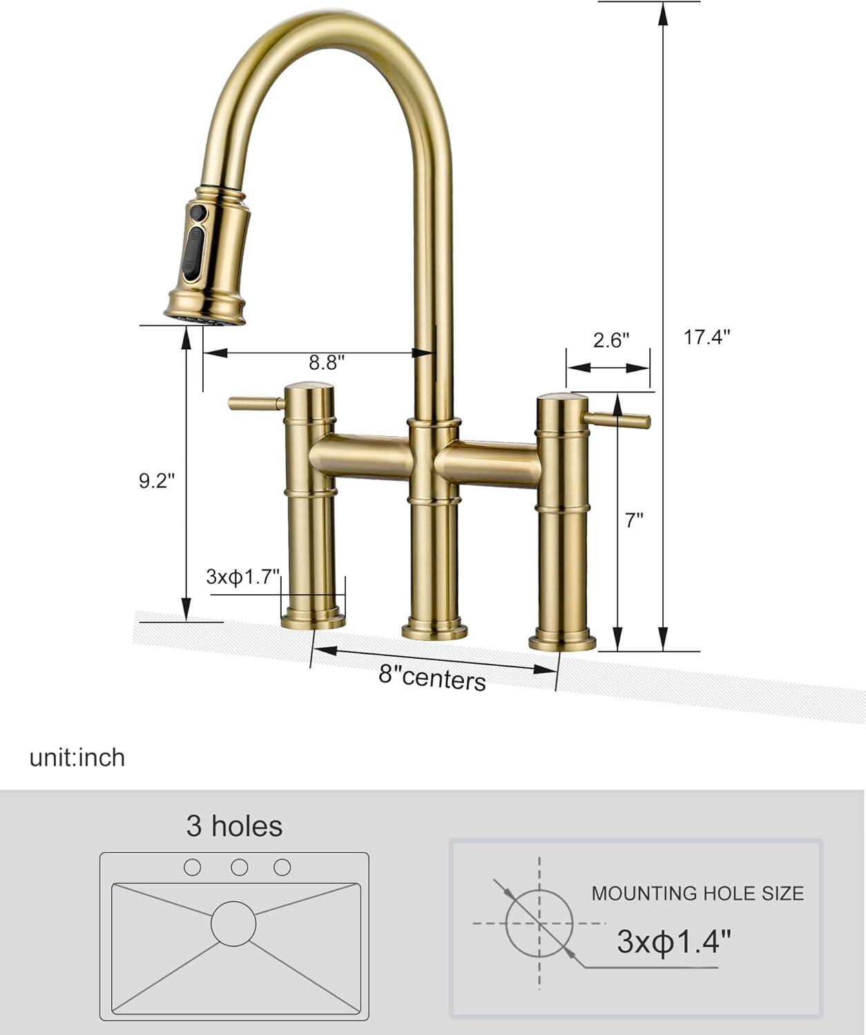 Gold Double Handle Bridge Kitchen Faucet with Pull Down Sprayer