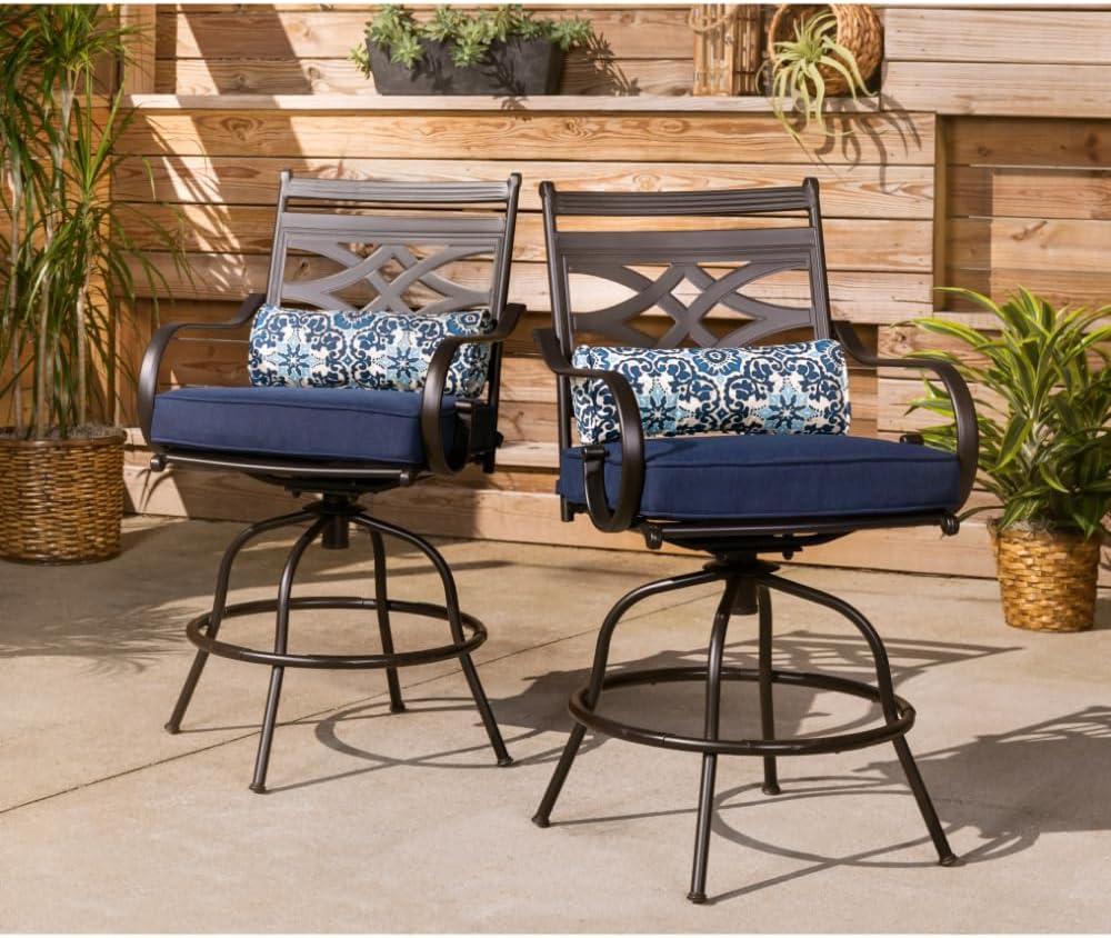 Hanover Montclair 3-Piece All-Weather Outdoor Patio Bistro Dining Set, 2 Swivel Rocker Chairs with Comfortable Seat and Lumbar Cushions, 27" Square Stamped Rectangle Table, MCLRDN3PCSW2-NVY