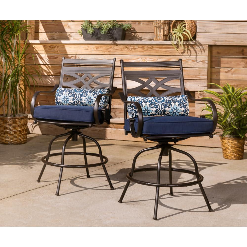 Hanover Montclair 3-Piece All-Weather Outdoor Patio Bistro Dining Set, 2 Swivel Rocker Chairs with Comfortable Seat and Lumbar Cushions, 27" Square Stamped Rectangle Table, MCLRDN3PCSW2-NVY