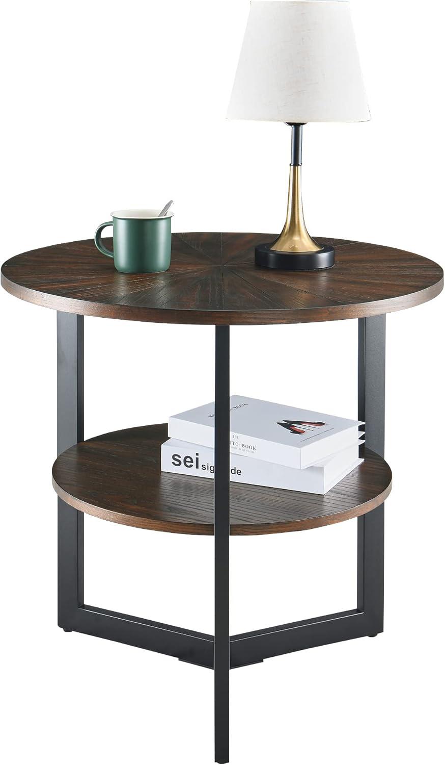 MODERION Large End Table with Storage Shelf Rustic Circular Sofa Side Table with Black Metal Legs Solid Wood Nightstand Telephone Table for Living Room Bedroom 25.2”D x 24”H Natural Brown CJZ1338NC