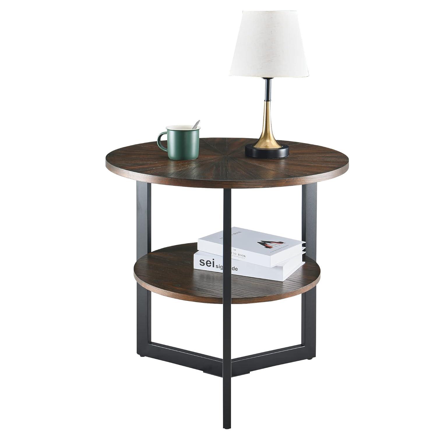 MODERION Large End Table with Storage Shelf Rustic Circular Sofa Side Table with Black Metal Legs Solid Wood Nightstand Telephone Table for Living Room Bedroom 25.2”D x 24”H Natural Brown CJZ1338NC