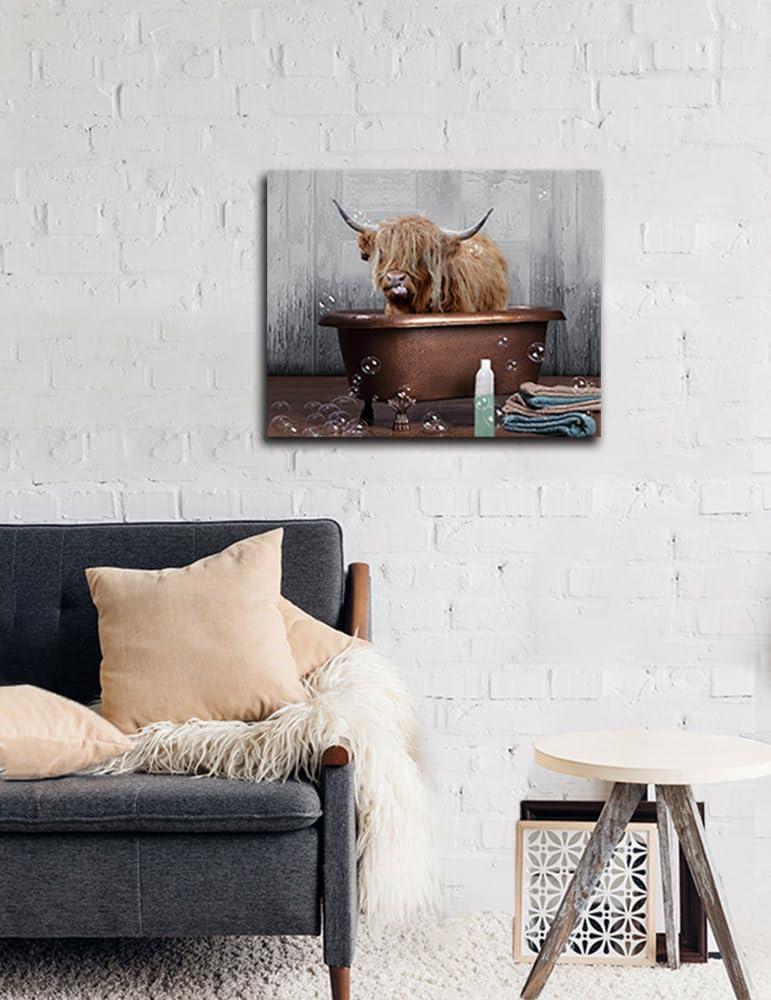AXXPosters Cute Highland Cow Picture Wall Decor Highland Cattle in Bathtub Canvas Painting Village Animals Picture for Bathroom Decor Frame（Bathroom Animal-3，12.00" x 18.00"）