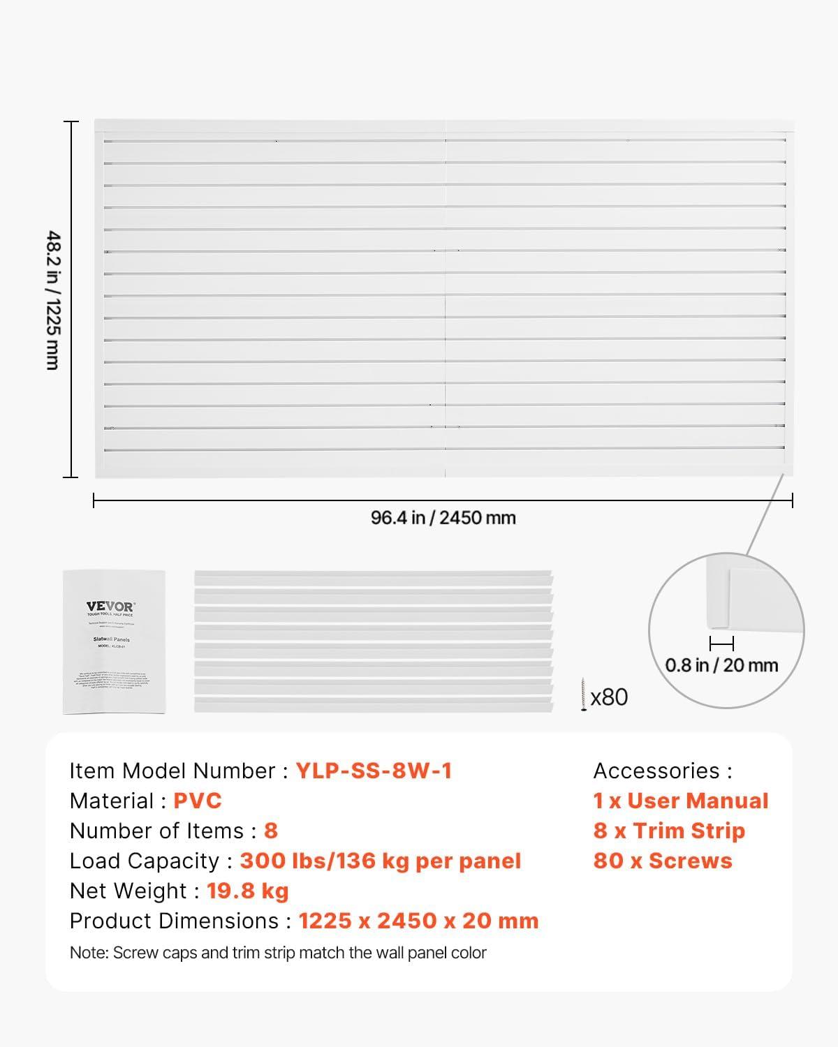 VEVOR Slat Wall Paneling, 8 x 4 ft, PVC Garage Slatwall without Accessories, White Slat Wall Easy-to-Install Adjustable Slatwall Panel with Coupling Structure & DIY Cutting, Fits for Storage & Display