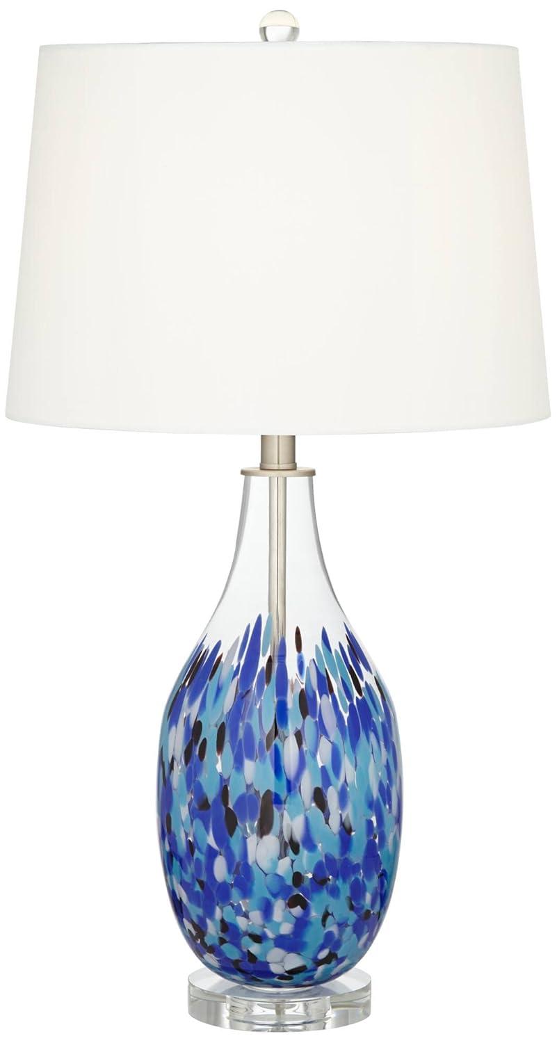 360 Lighting Marnie Modern Coastal Table Lamp 28" Tall Blue Art Glass White Fabric Drum Shade for Bedroom Living Room Bedside Nightstand Office House