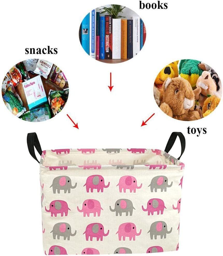 Elephant Print Rectangular Storage Bin Shelf Basket Canvas Fabric Toy Box,Waterproof Coating Nursery Hamper with Handles,Gift Basket for Home,Office,Clothes,Books(pink grey elephant)