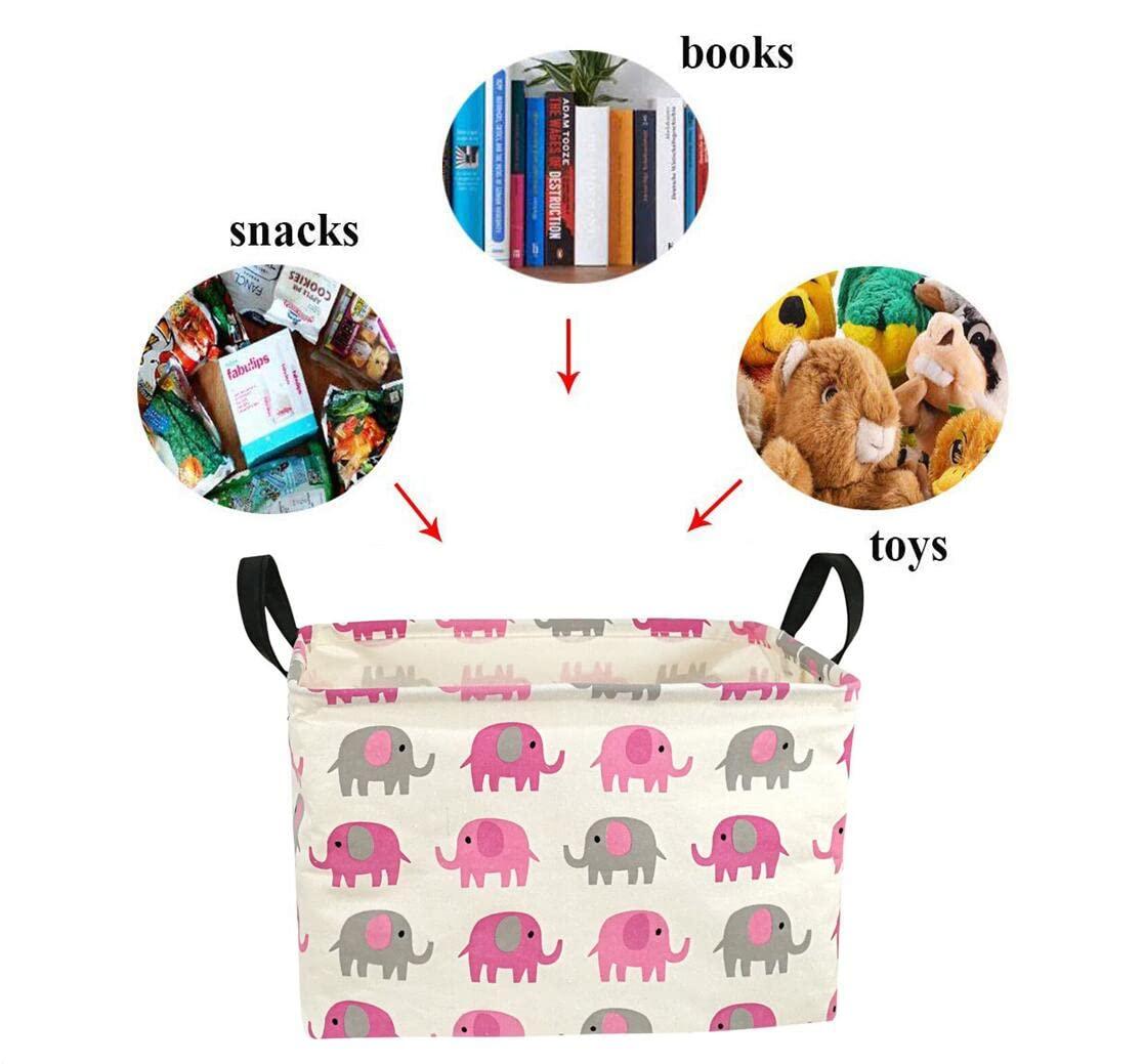 Elephant Print Rectangular Storage Bin Shelf Basket Canvas Fabric Toy Box,Waterproof Coating Nursery Hamper with Handles,Gift Basket for Home,Office,Clothes,Books(pink grey elephant)