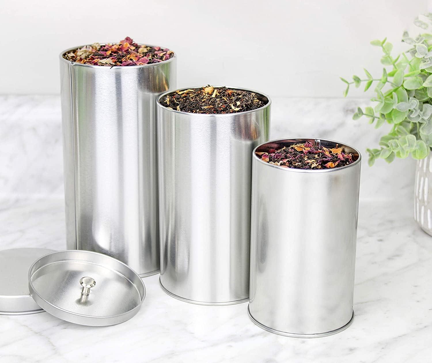 Solstice Large Double Seal Tea Canisters 4pk; Round Metal Containers with Interior Seal Lid