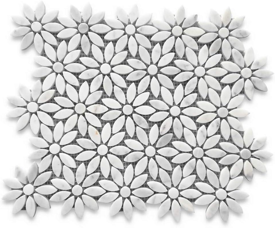 Carrara White Marble Daisy Flower Mosaic Tile Sheet