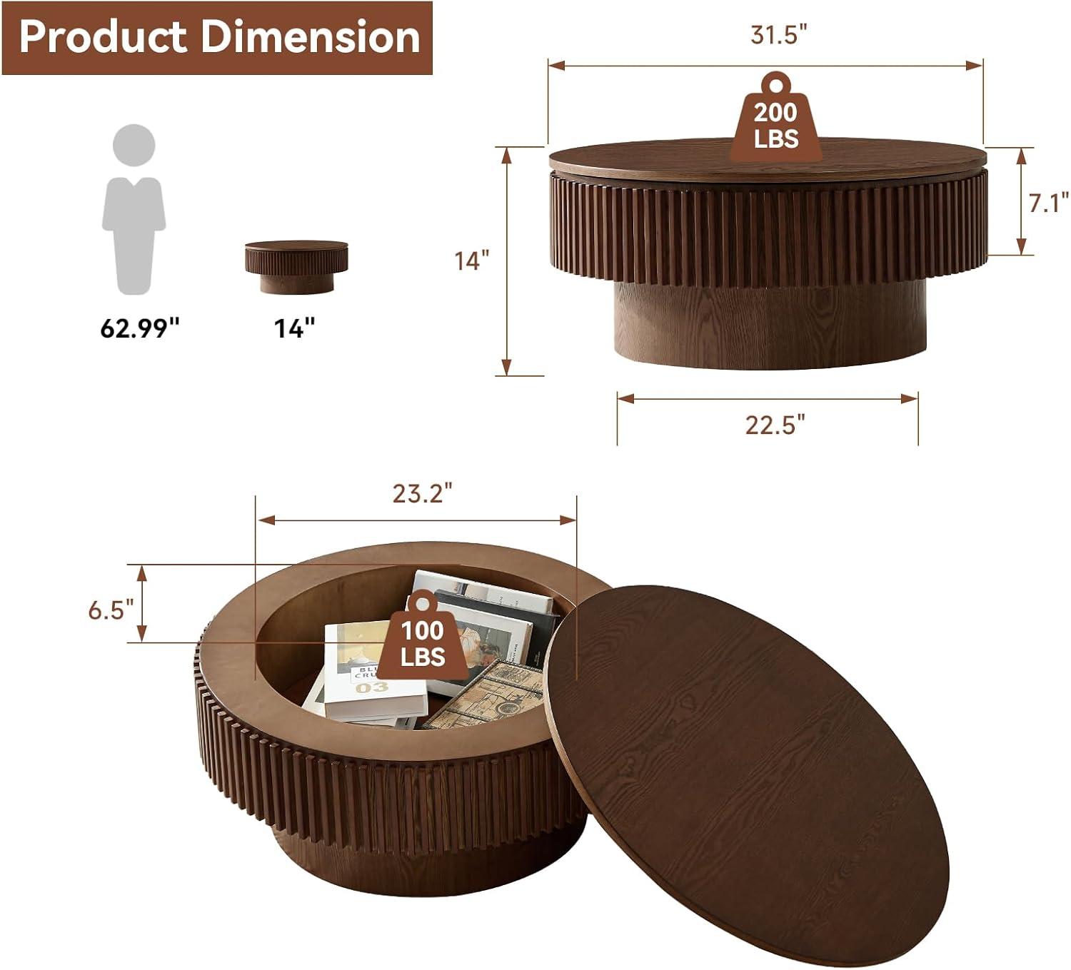 31.5" Round Wood Coffee Table with Storage - Modern Drum Circle Fluted Side Table for Apartment, Office - Easy Assembly, Walnut