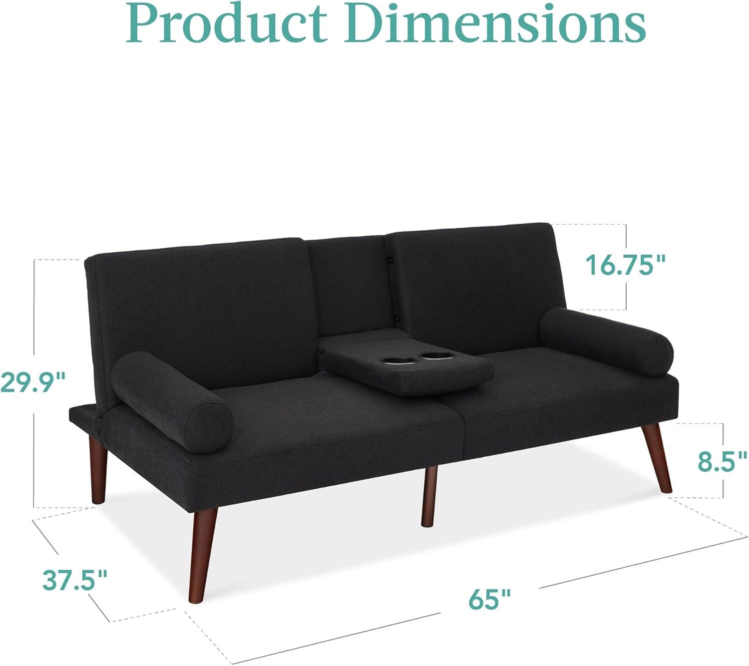 Best Choice Products Fabric Upholstered Convertible Futon w/ Rounded Armrests, Wooden Legs, 2 Cupholders - Black