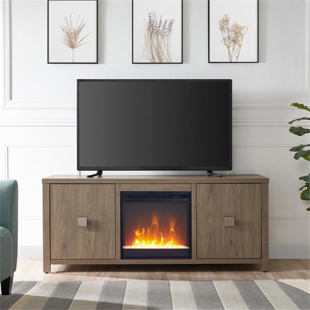 Evelyn & Zoe Modern Farmhouse Antiqued Gray TV Stand with Crystal Fireplace Insert, for TVs up to 65"