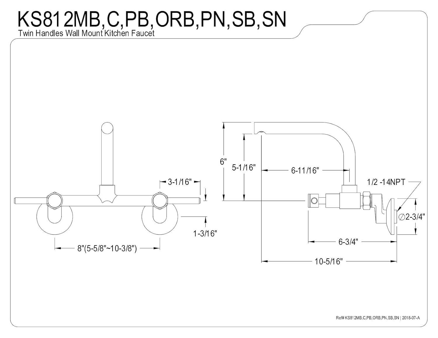 Kingston Brass Kingston Brass Concord Double-Handle 2-Hole Wall-Mount Bridge Kitchen Faucet KS812PN