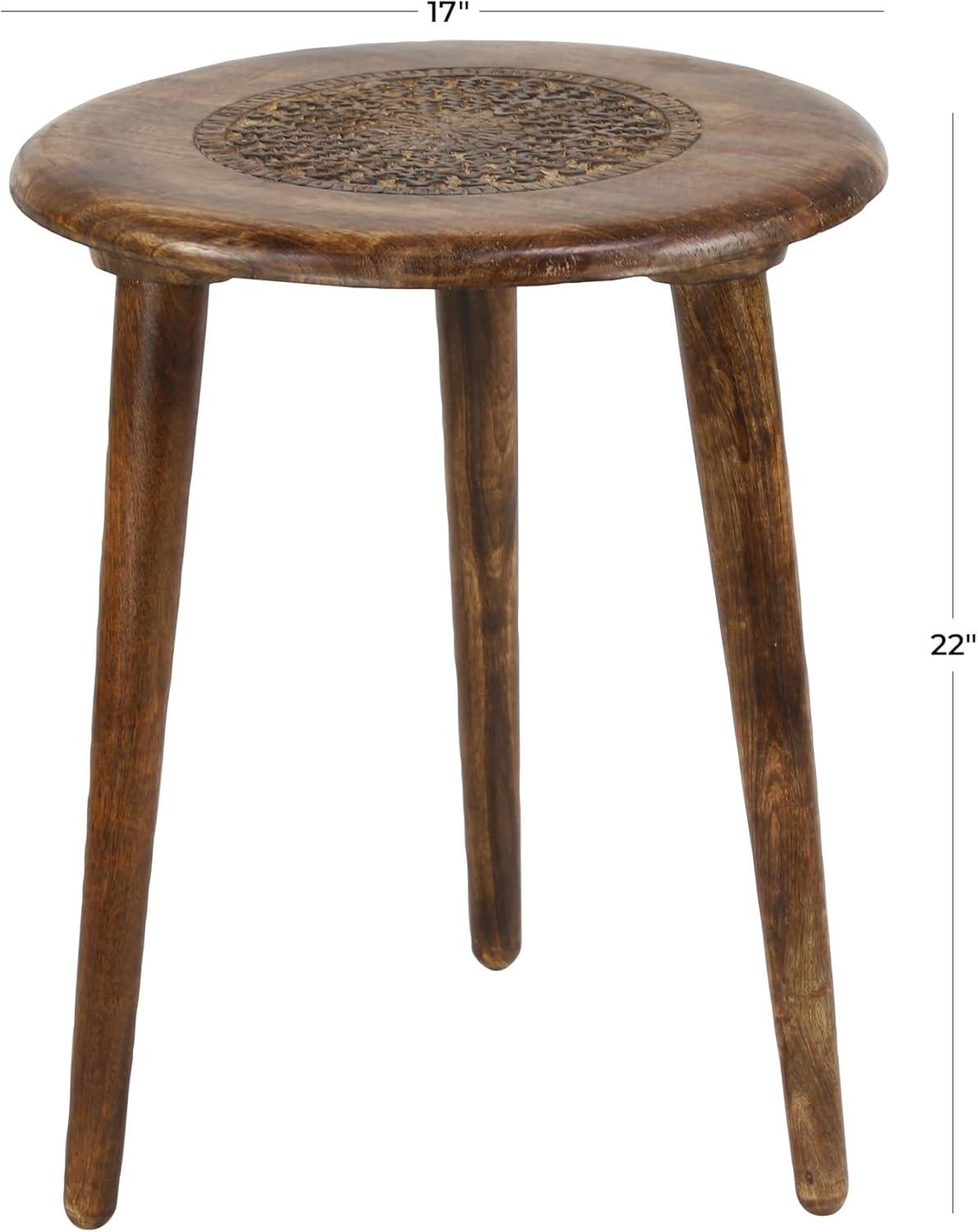 Carved Mango Wood Tripod Table Brown - Olivia & May: Handmade, Indoor, Rustic Style, 100 lbs Max