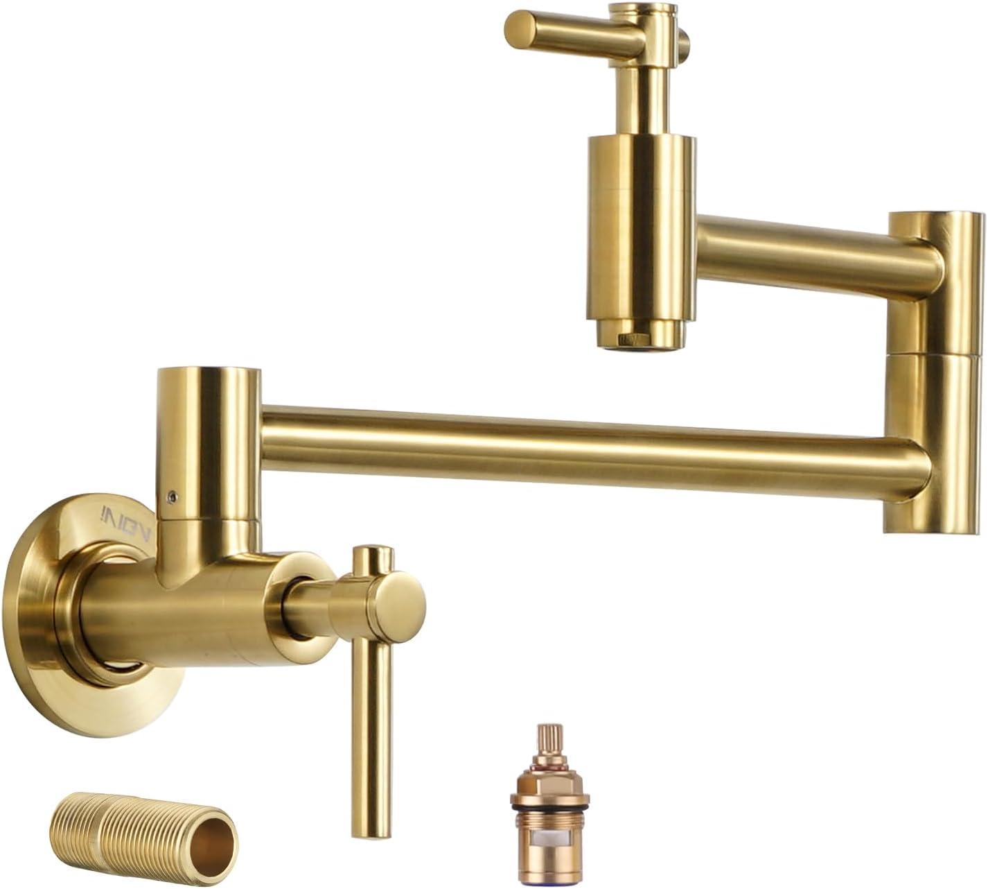 Brushed Gold Double Handle Wall Mount Pot Filler Faucet