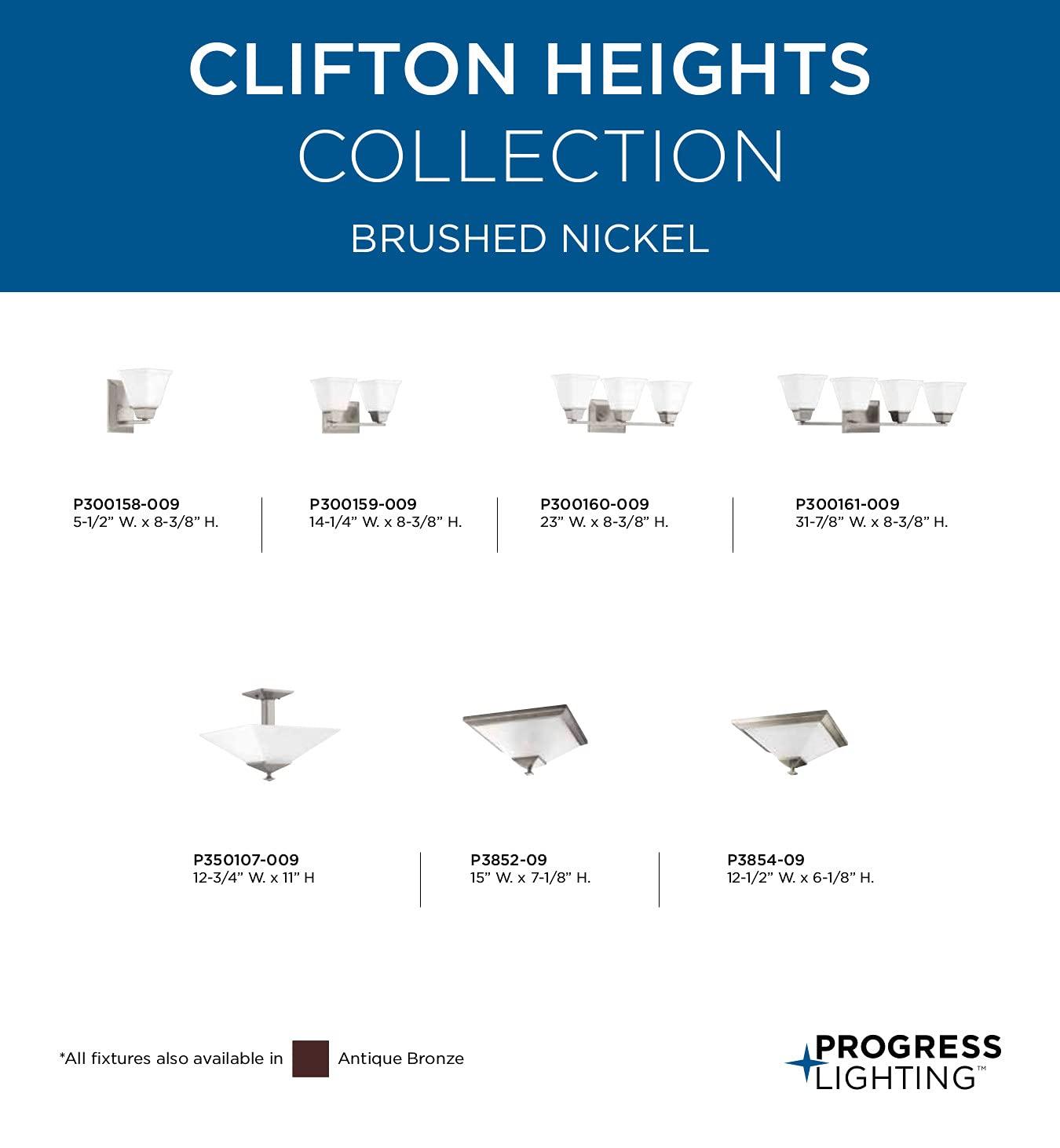Progress Lighting Clifton Heights 3-Light Bath Vanity Fixture, Brushed Nickel, Etched Square Glass Shade