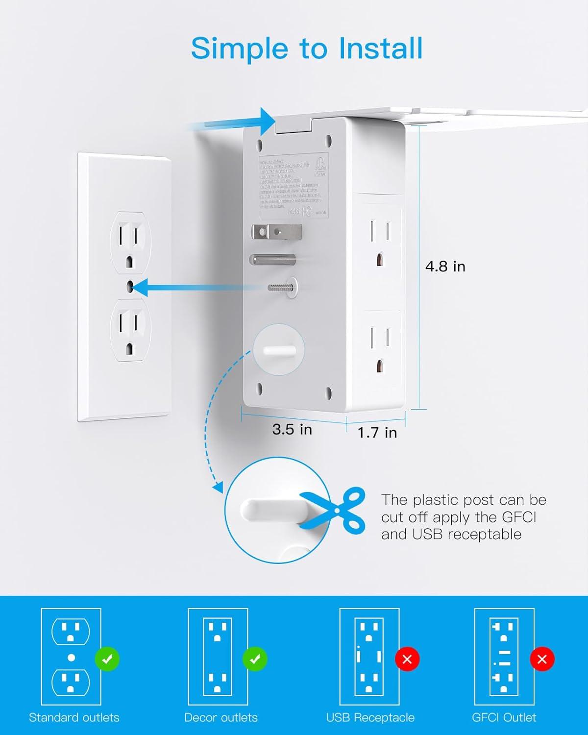 Multi Plug Outlets, Wall Outlet Extender with Night Light and Outlet Shelf, Surge Protector 4 USB Ports(1 USB C), USB Wall Charger Power Strip Electric Outlet Splitter for Home Office White