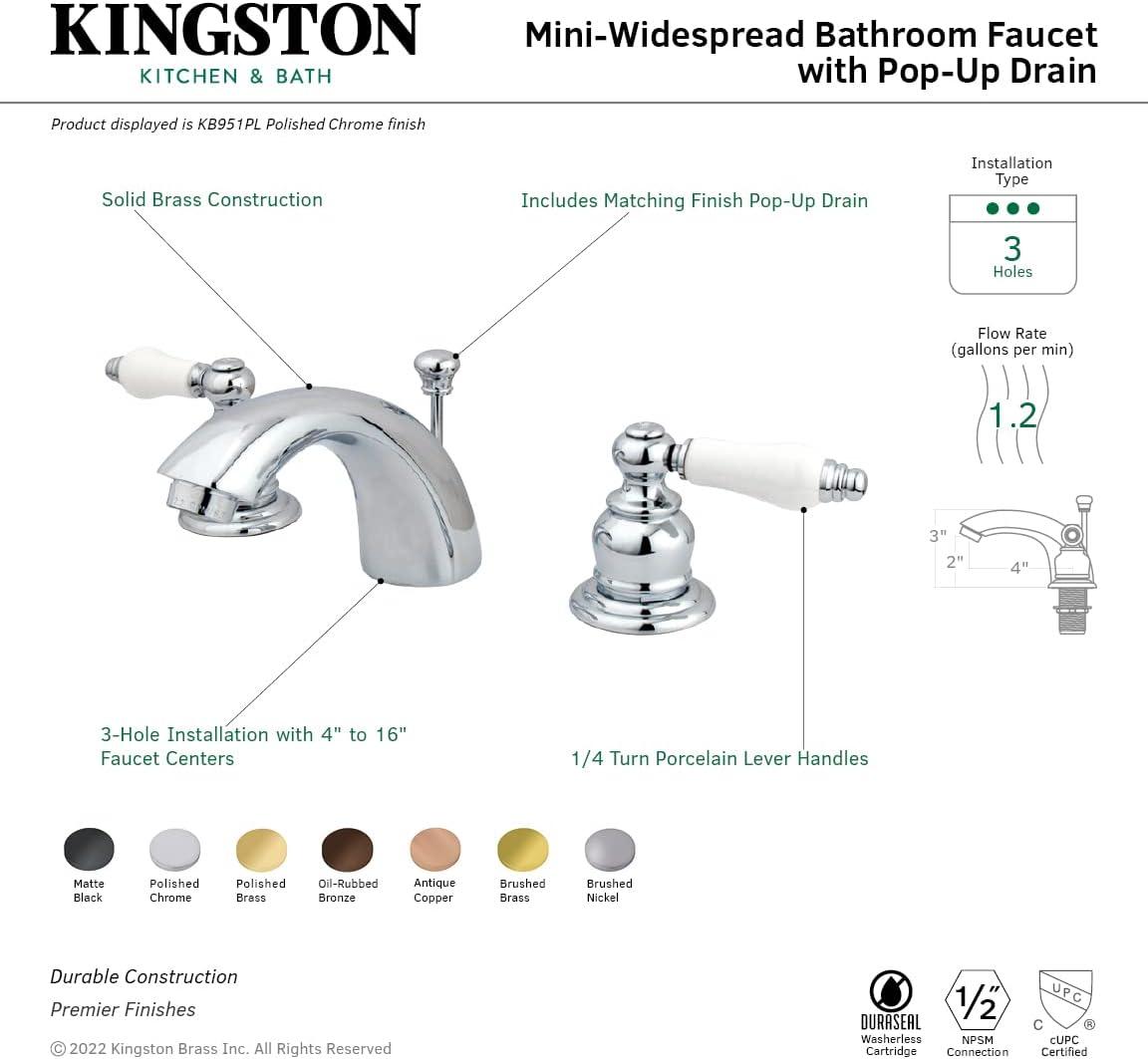 Kingston Brass Victorian Two-Handle 3-Hole Deck Mount Mini-Widespread Bathroom Faucet with Plastic Pop-Up