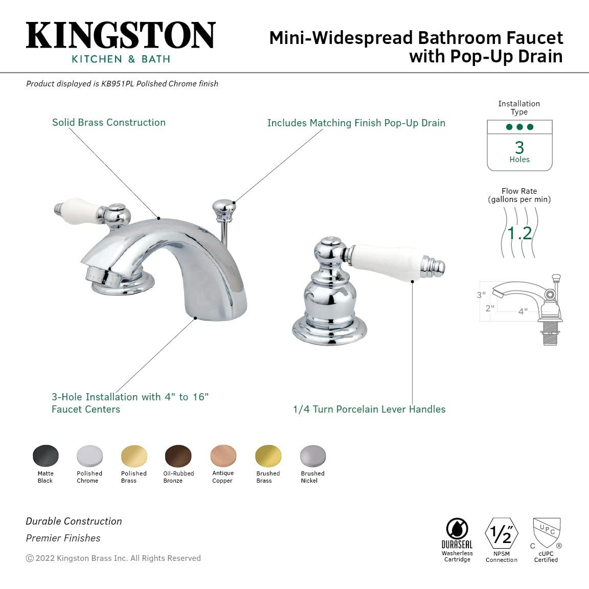 Kingston Brass Victorian Two-Handle 3-Hole Deck Mount Mini-Widespread Bathroom Faucet with Plastic Pop-Up
