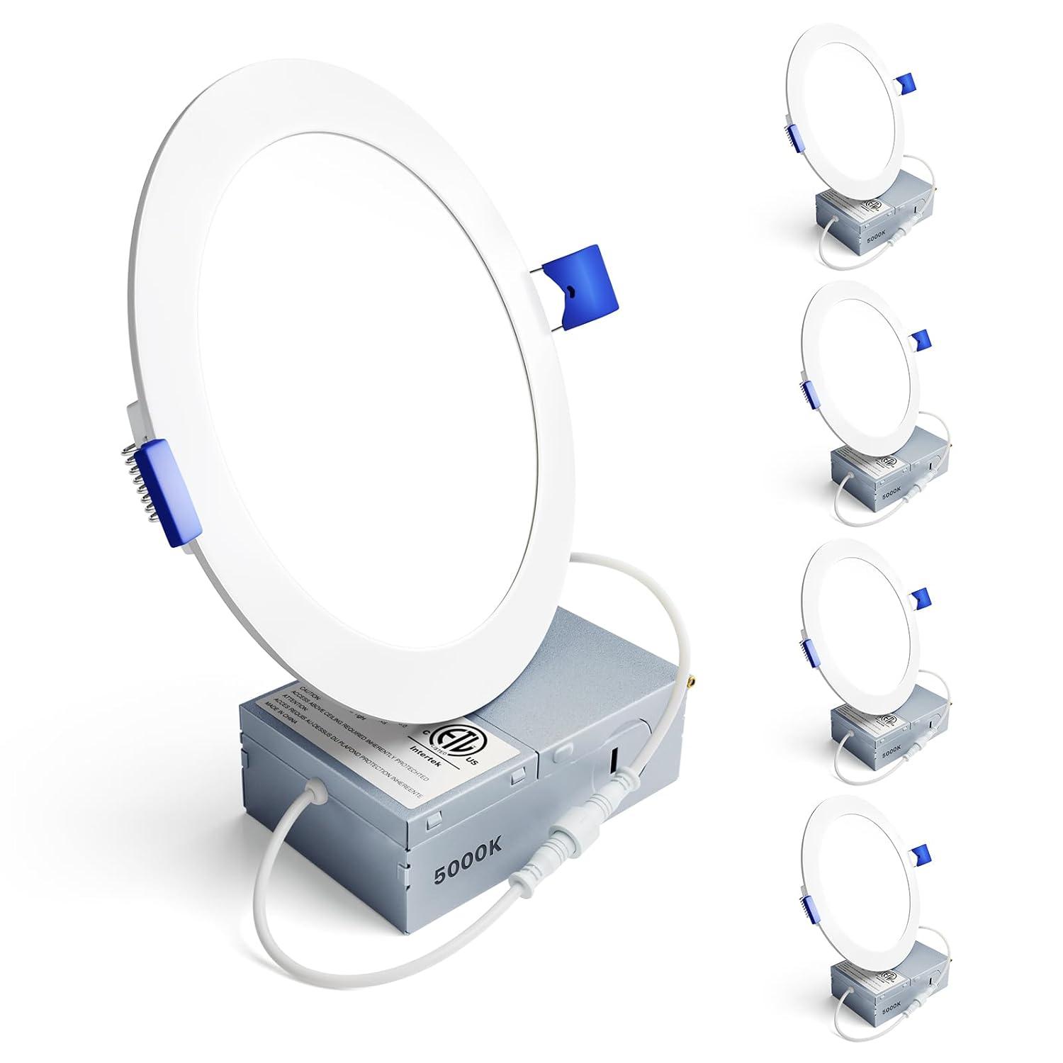 Meconard 4 Pack 6 Inch Ultra-Thin LED Recessed Ceiling Light, 3000K/4000K/5000K Selectable, Dimmable 12W=110W, 1050LM, IC Rated Can-Killer Downlights with Junction Box, ETL and Energy Star Listed