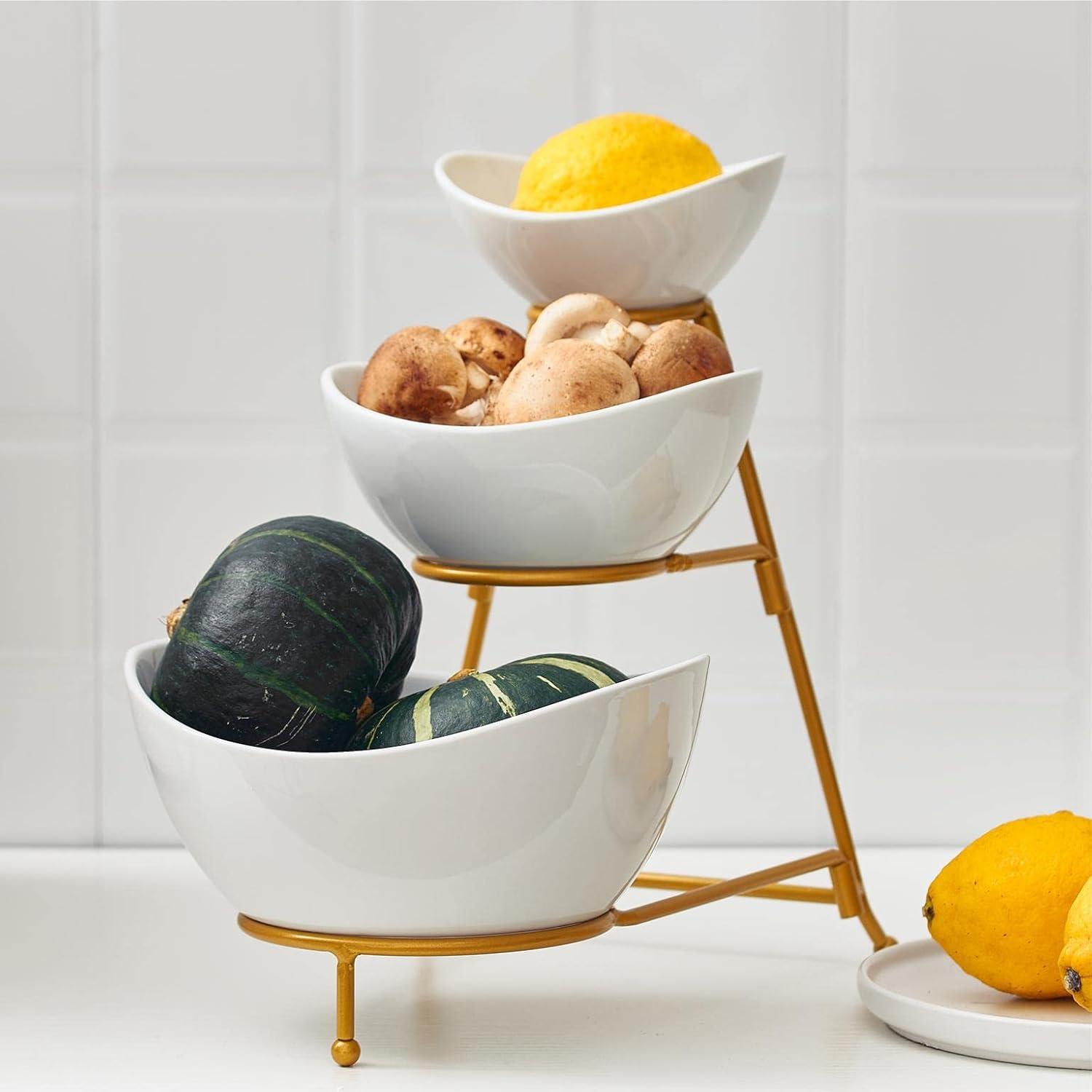 Gold 3-Tier Oval Ceramic Serving Bowl Set with Stand