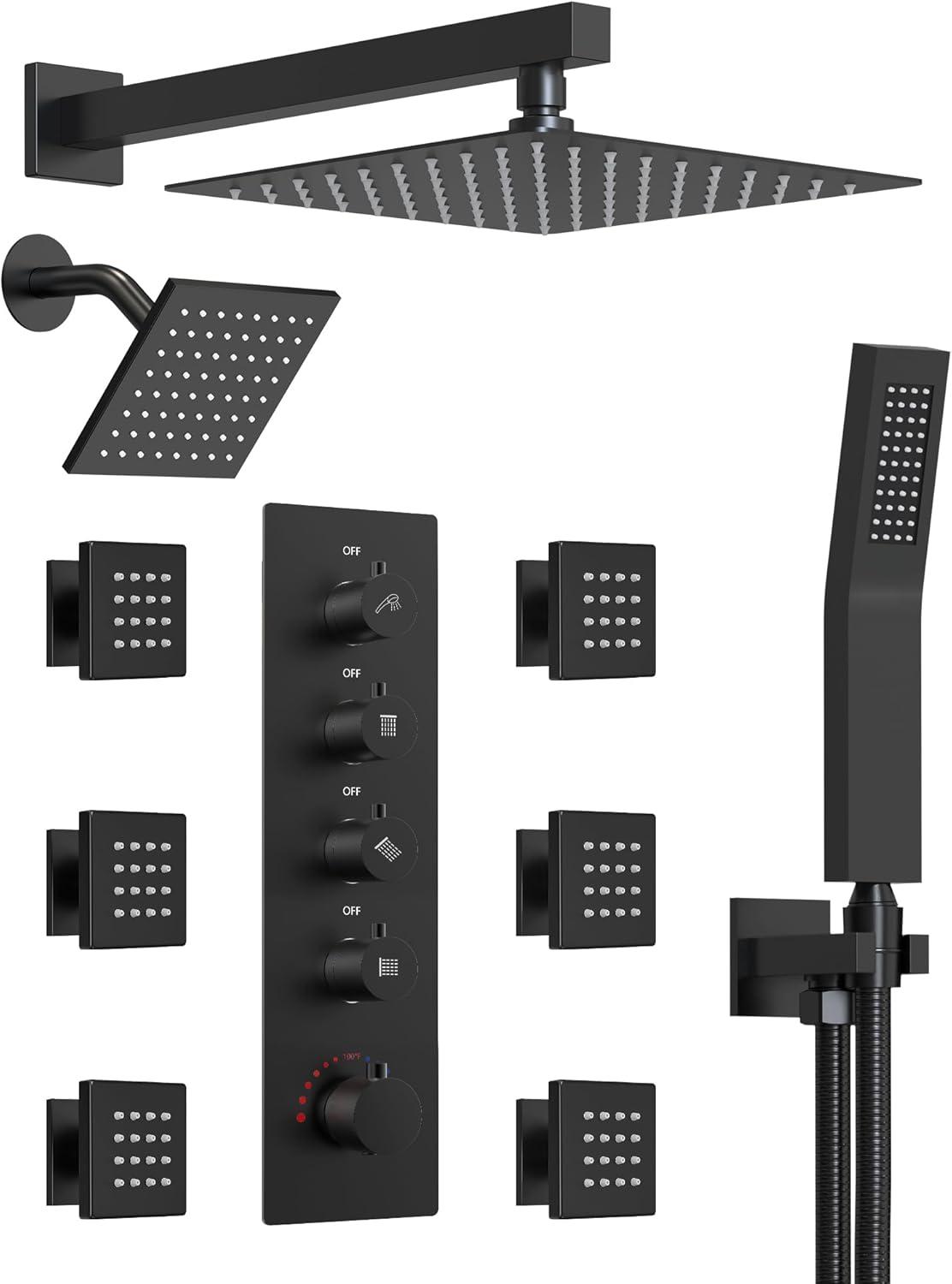 16" & 6" Dual Shower Heads,Thermostatic Shower FaucetSystem with Rough-in Valve and Body Jets