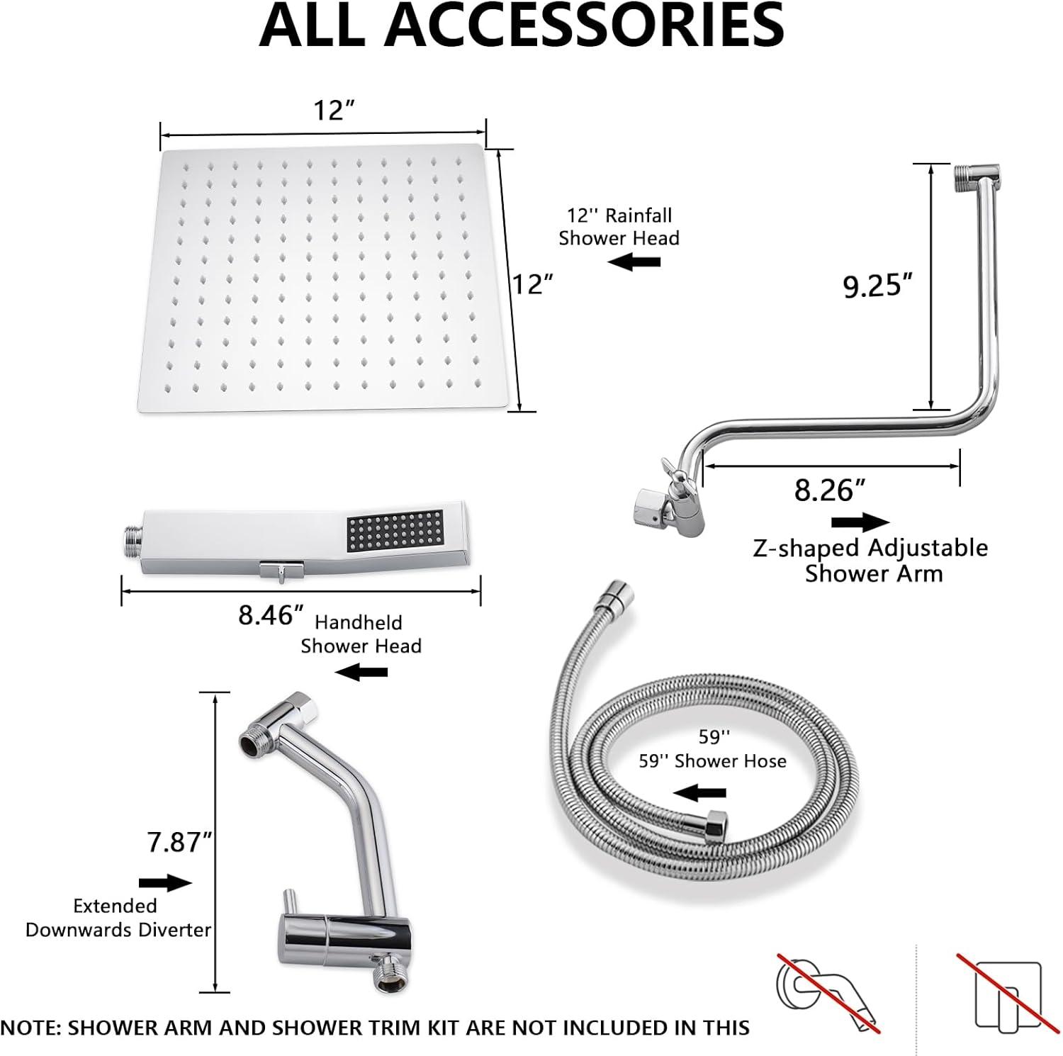 PDPBath All Metal 12'' Rainfall Shower Head with Handheld Combo, Upgrade 3-Way Diverter with Pause Setting, High Pressure Rain Shower Head with Z-shaped Extension Arm, 59" Hose, Brushed Nickel