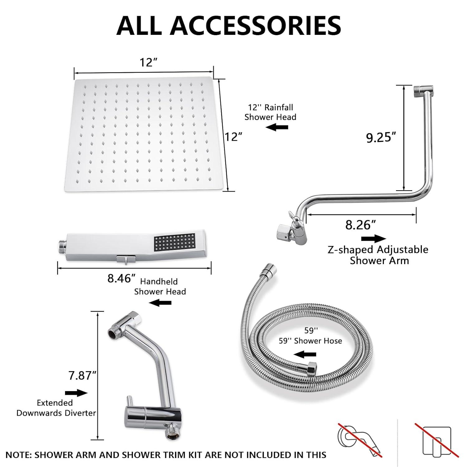 PDPBath All Metal 12'' Rainfall Shower Head with Handheld Combo, Upgrade 3-Way Diverter with Pause Setting, High Pressure Rain Shower Head with Z-shaped Extension Arm, 59" Hose, Brushed Nickel