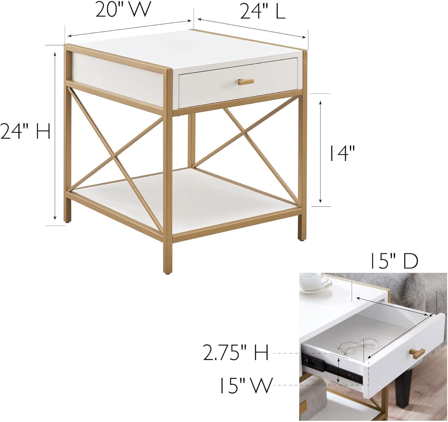 Leick Home Claudette Mixed Metal and Wood 1-Drawer End Table with Shelf, White/Gold