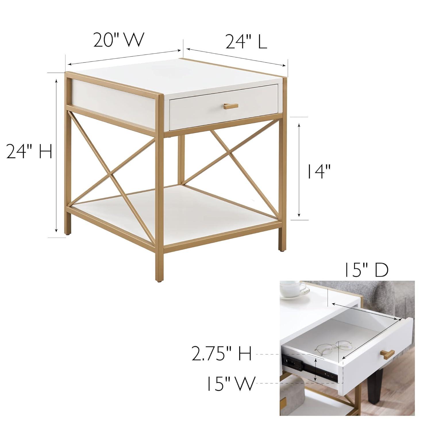 Leick Home Claudette Mixed Metal and Wood 1-Drawer End Table with Shelf, White/Gold