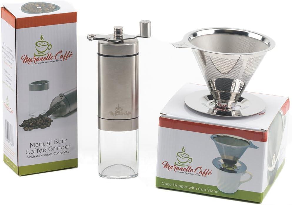 Maranello Caff Pour Over Coffee Dripper - Reusable Stainless Steel Pour Over Coffee Maker - Single or Multi Cup Paperless Coffee Filter with Cup Stand