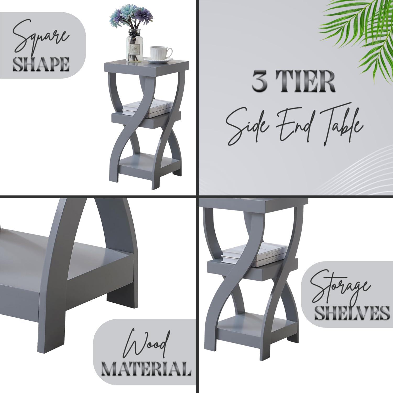 Lark Manor™ Aurianne 3 Tier End Table - Square End Table - Table for Bedroom - End Table with Shelves - Bedside Nightstand - Wooden Table Night Stand - 3 Shelf Small Bookshelf