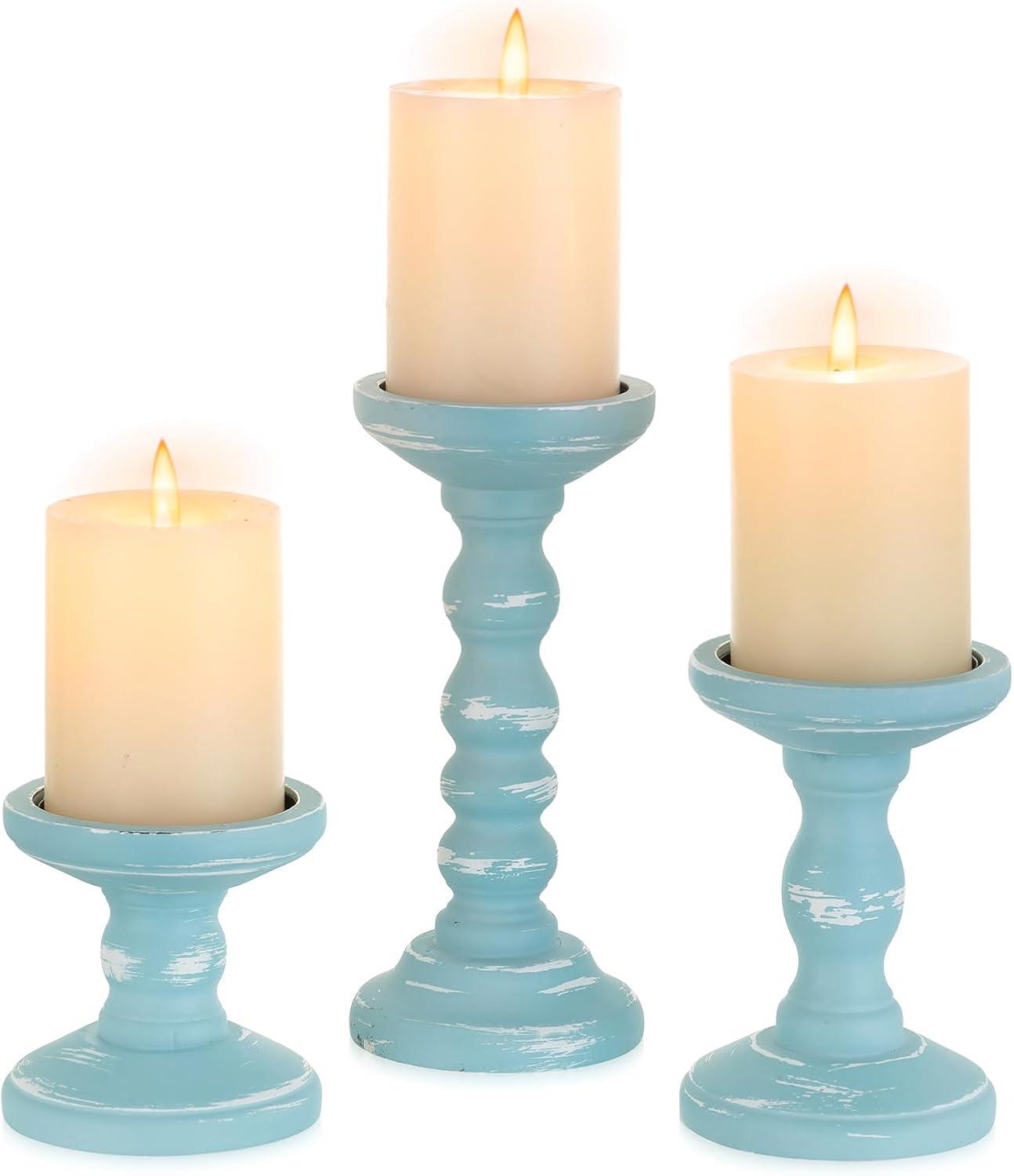 Olivia & May Traditional Wood Candle Holder Set 3ct - Pillar Stand, Felt Base, Indoor Use