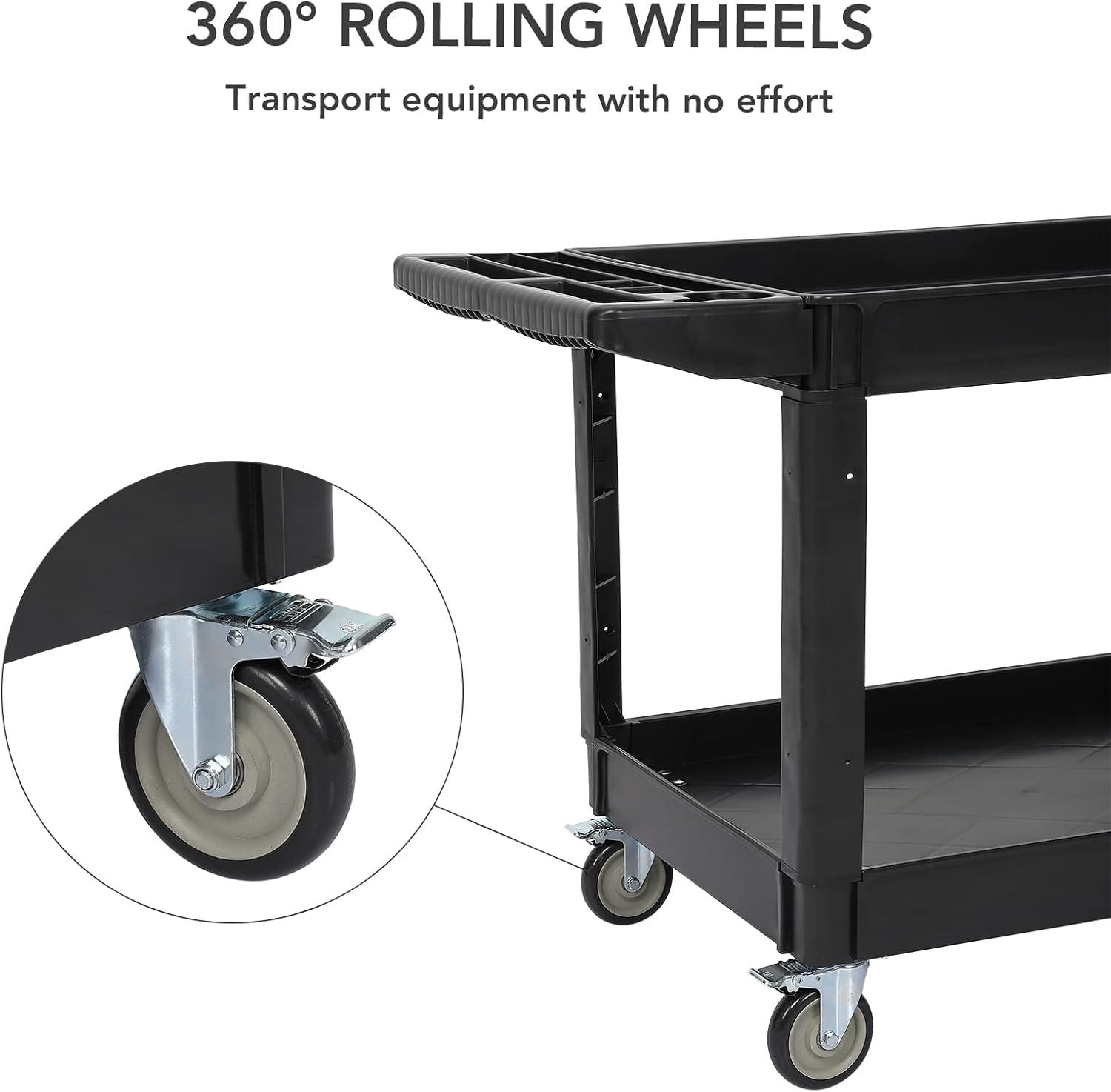 Black 2-Shelf Plastic Service Cart with Swivel Wheels