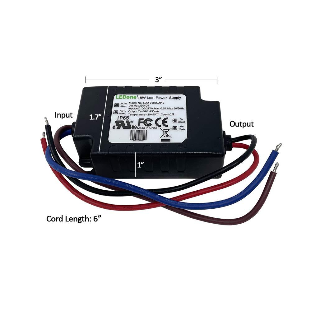 LEDONE LED Driver 450mA (Constant Current Output), 18W Waterproof IP65 LED Power Supply Lighting Transformer 100V-270V AC to 24-36V DC Low Voltage Output for Outdoor or Indoor LED Lights