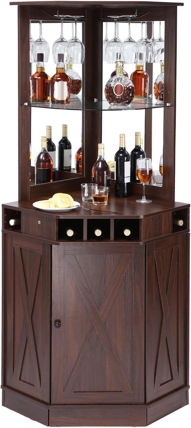 Black Walnut Corner Industrial Bar Cabinet with Glass Holder