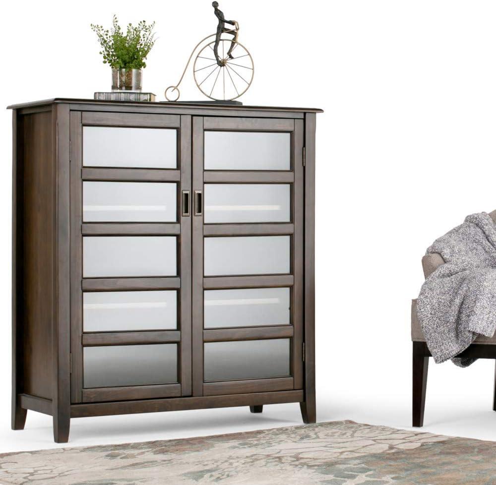 Simpli Home Burlington 40"W Solid Wood 4-Shelf Medium Storage Cabinet with Tempered Glass Doors and Adjustable Shelves